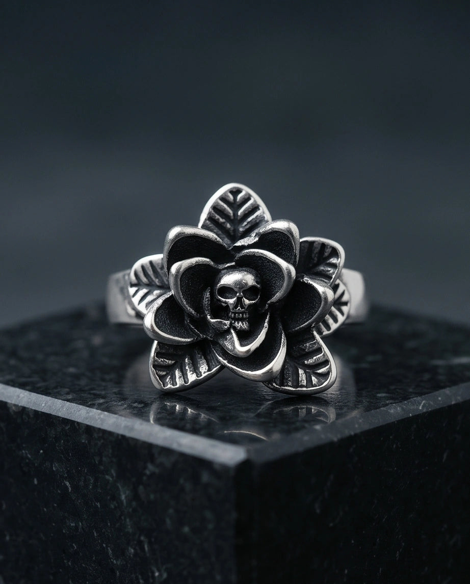 Gothic Sterling Silver Skull Rose Ring