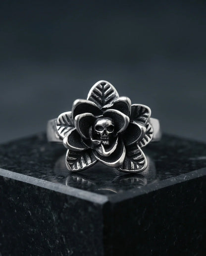 Gothic Sterling Silver Skull Rose Ring