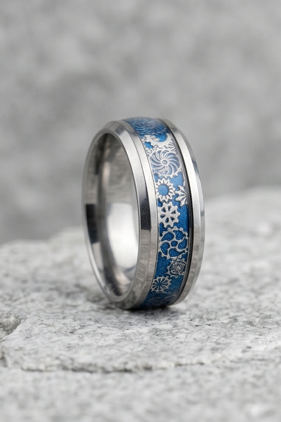 Industrial Steampunk Blue Gear Band Ring