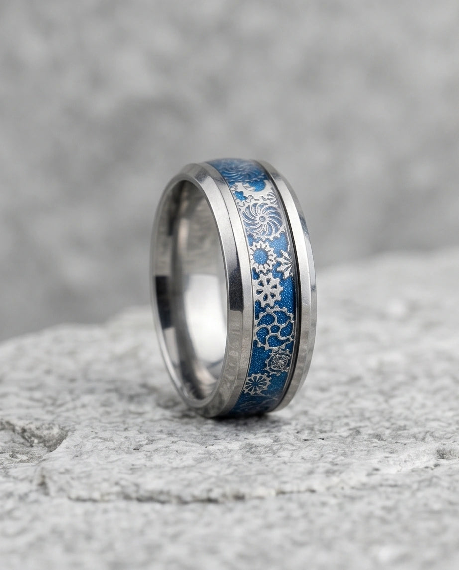 Industrial Steampunk Blue Gear Band Ring