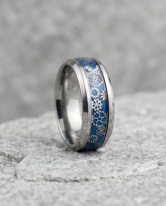 Industrial Steampunk Blue Gear Band Ring
