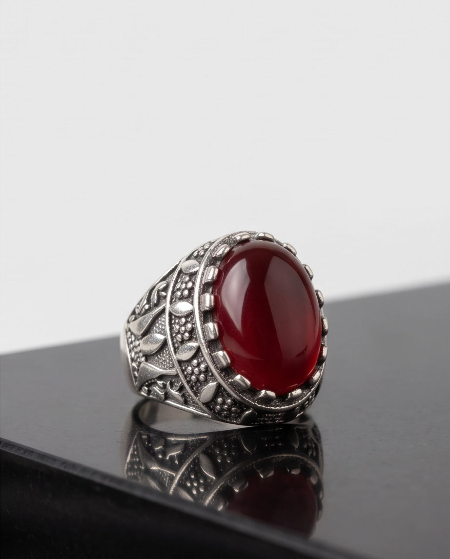 Crimson Red Oval Cabochon Ornate Leaf Scrollwork Silver Ring