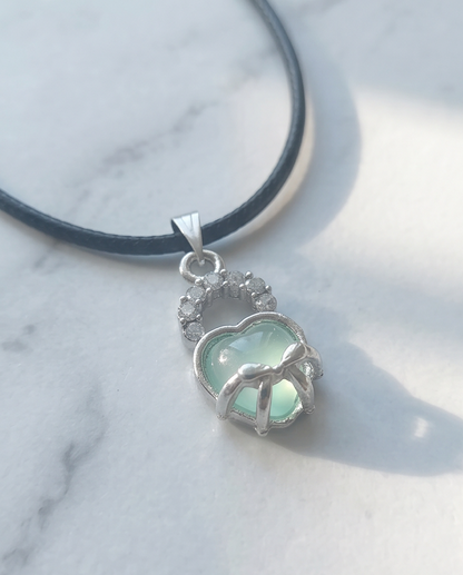 Green Heart Bow Lock Pendant Necklace
