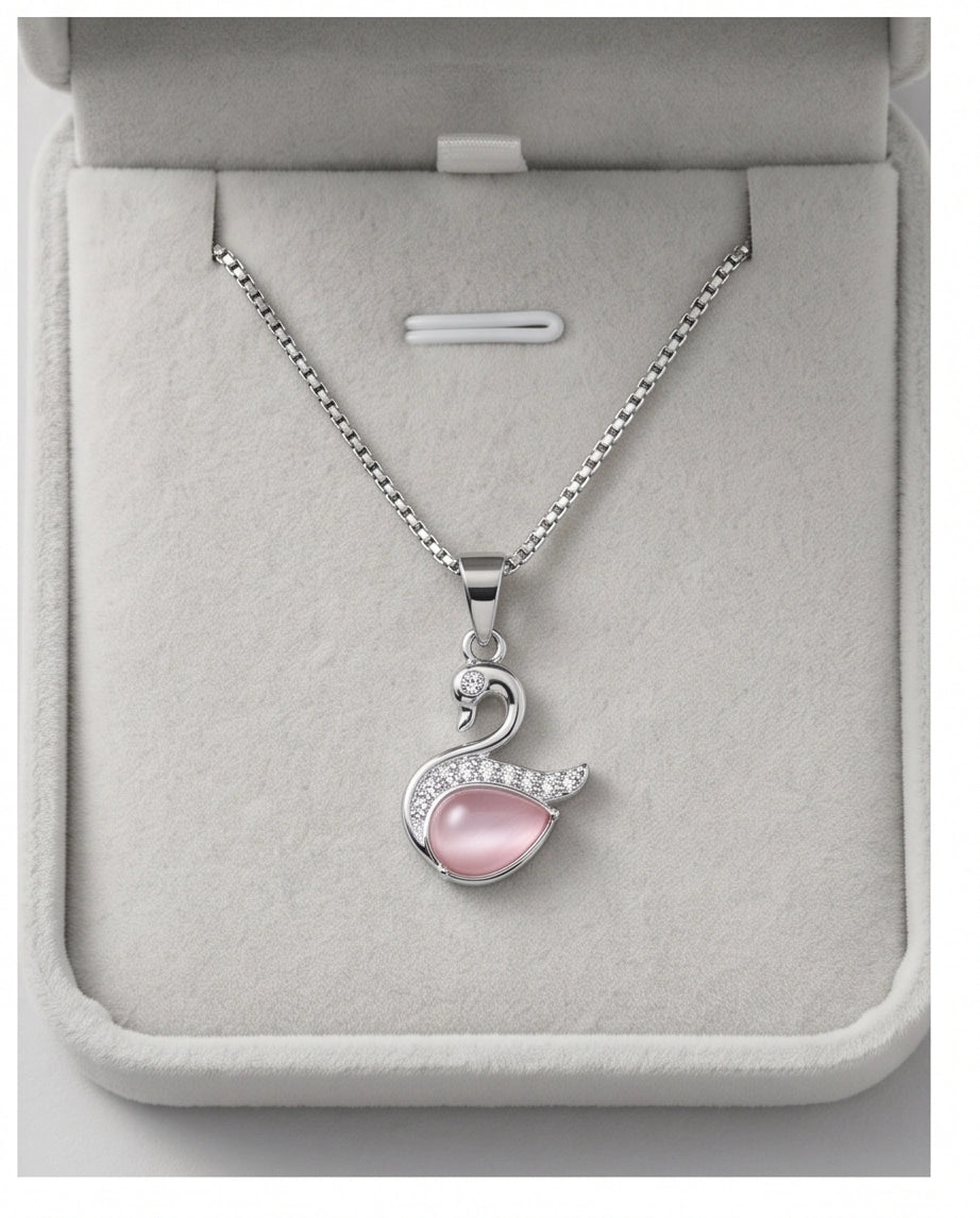 Silver Pink Crystal Swan Pendant Necklace