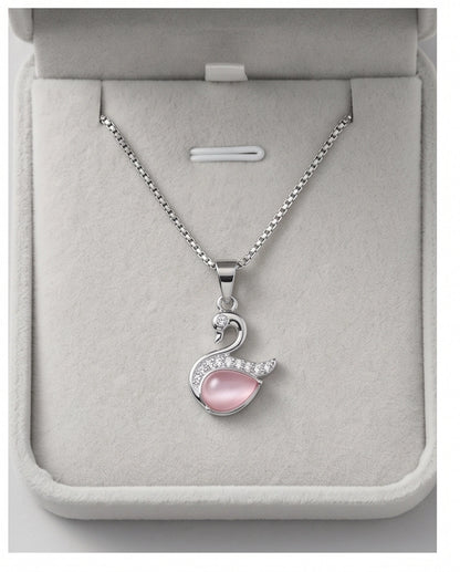 Silver Pink Crystal Swan Pendant Necklace