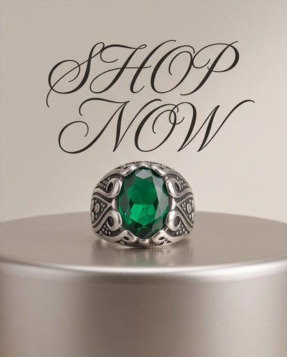 Emerald Gemstone Scalloped Crown Bezel Scroll Filigree Silver Ring