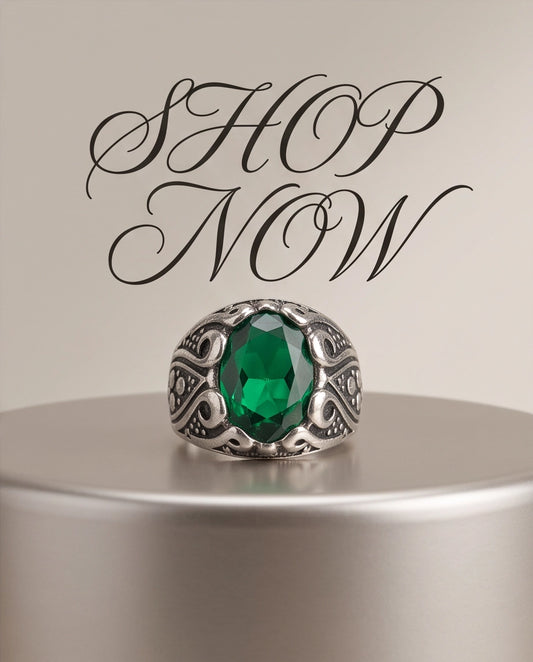 Emerald Gemstone Scalloped Crown Bezel Scroll Filigree Silver Ring