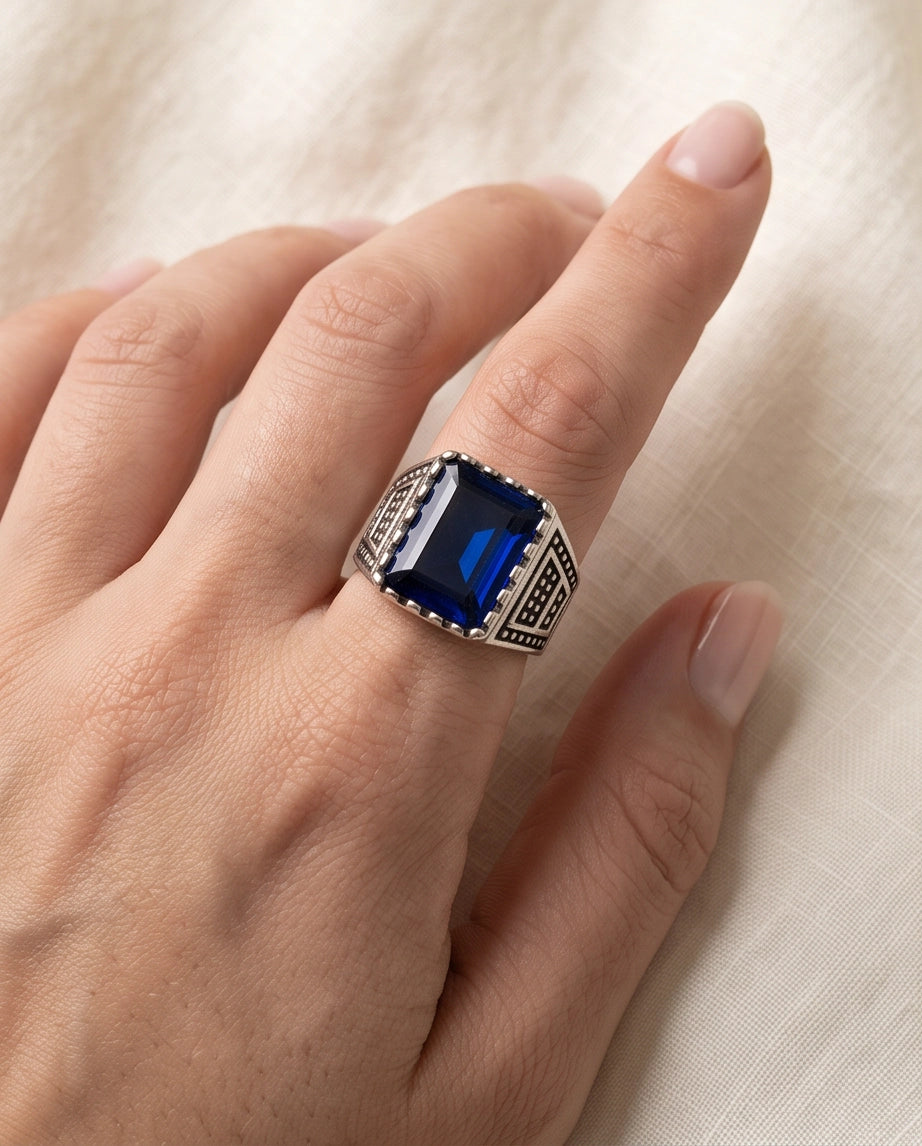 Sapphire Blue Emerald-Cut Gemstone Dot Matrix Architectural Silver Ring