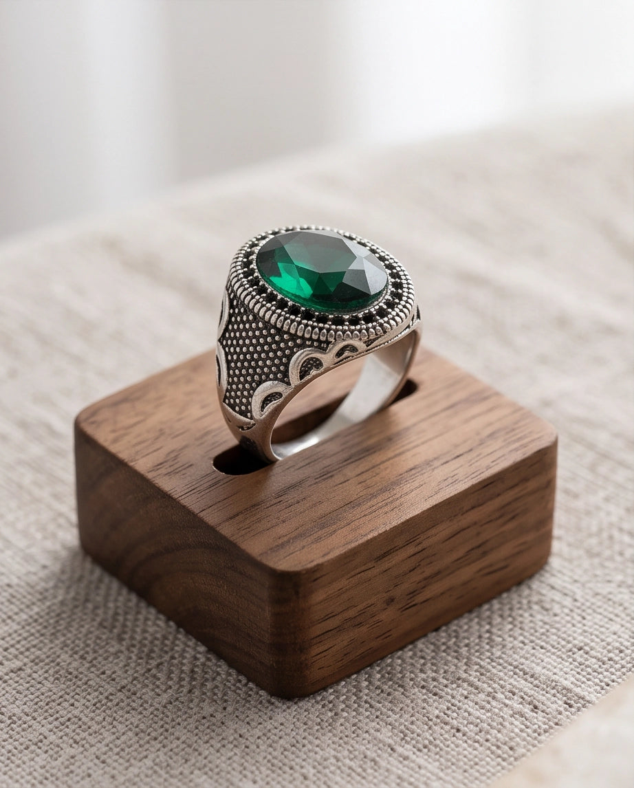 Emerald Gemstone Double Beaded Frame Scroll Silver Ring