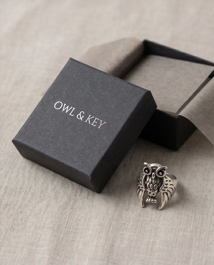 Vintage Silver Oxidized Owl Wisdom Statement Ring
