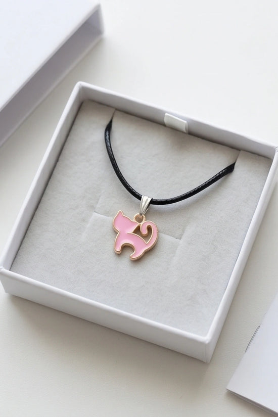 Playful Pink Cat Enamel Pendant Necklace