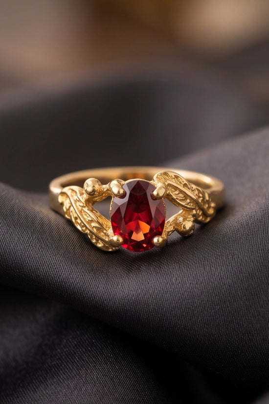 Golden Amber Garnet Botanical Leaf Ring
