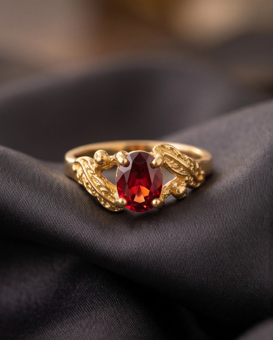 Golden Amber Garnet Botanical Leaf Ring