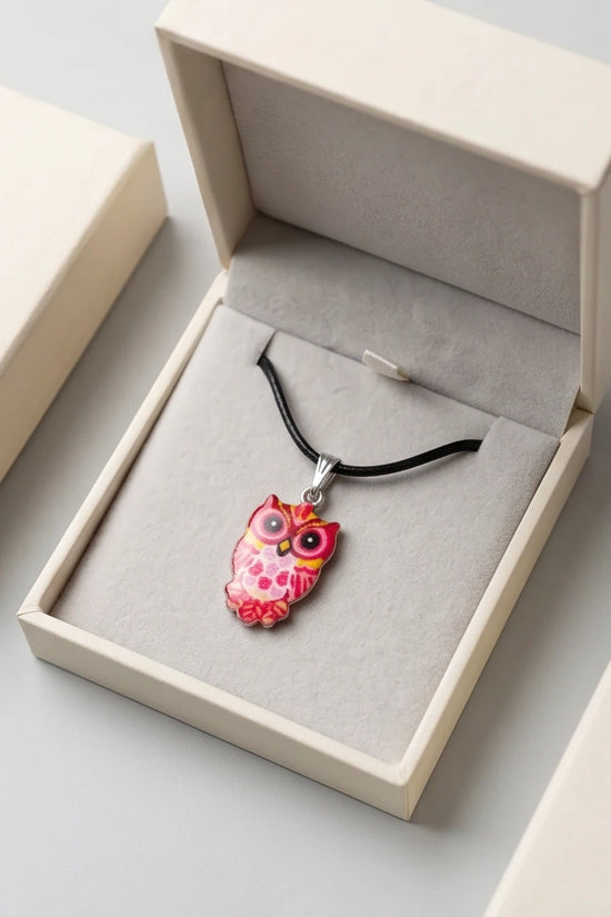 Vibrant Pink and Yellow Owl Totem Pendant Necklace