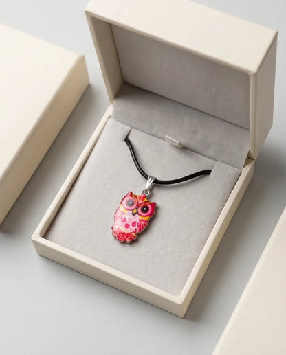 Vibrant Pink and Yellow Owl Totem Pendant Necklace