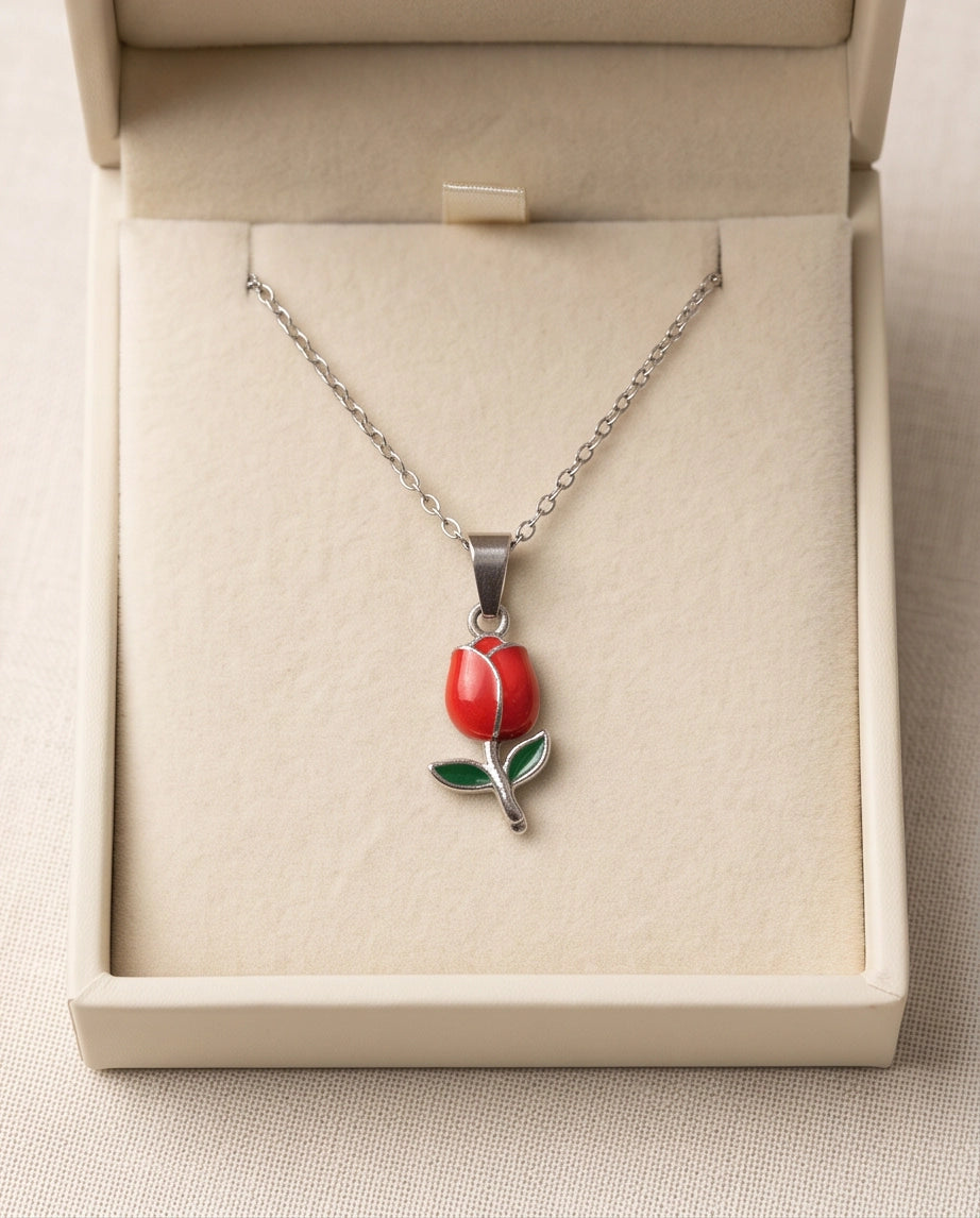 Silver Red Enamel Tulip Pendant Necklace