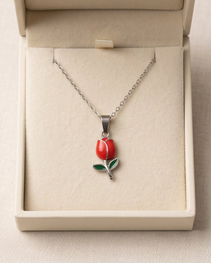 Silver Red Enamel Tulip Pendant Necklace