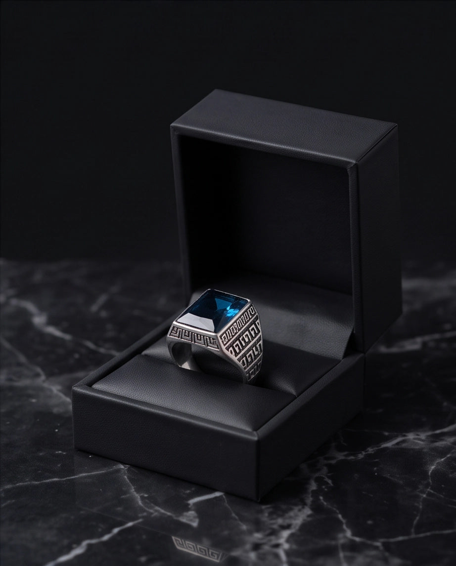 Deep Sapphire Emerald-Cut Gemstone Greek Key Silver Ring