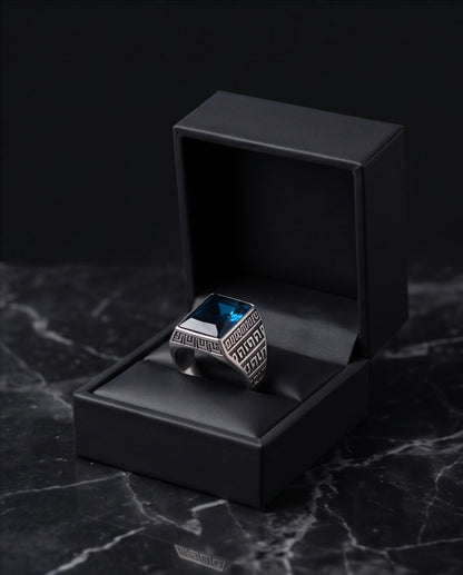 Deep Sapphire Emerald-Cut Gemstone Greek Key Silver Ring