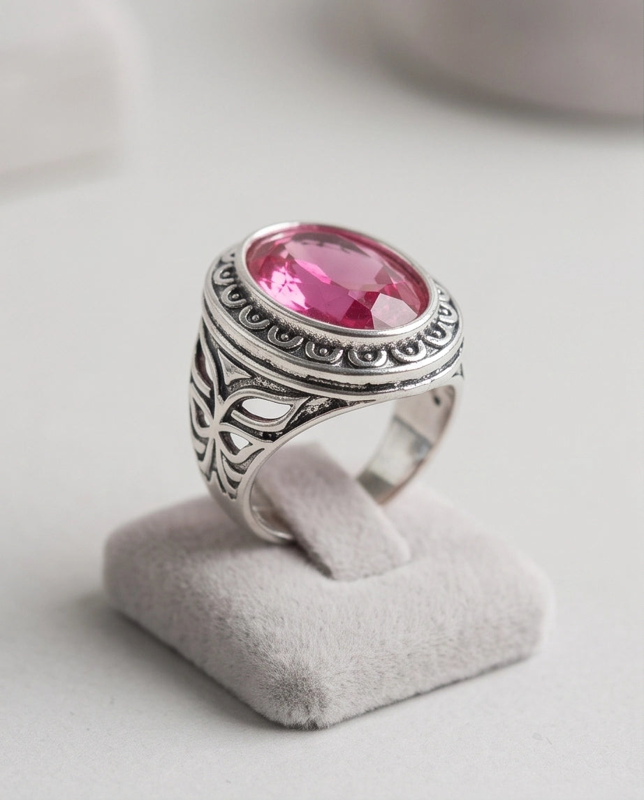 Tourmaline Gemstone Scalloped Bezel Filigree Silver Ring