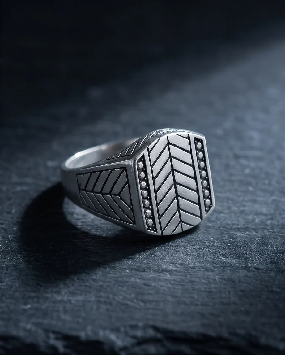 Sterling Silver Chevron Pattern Geometric Signet Ring