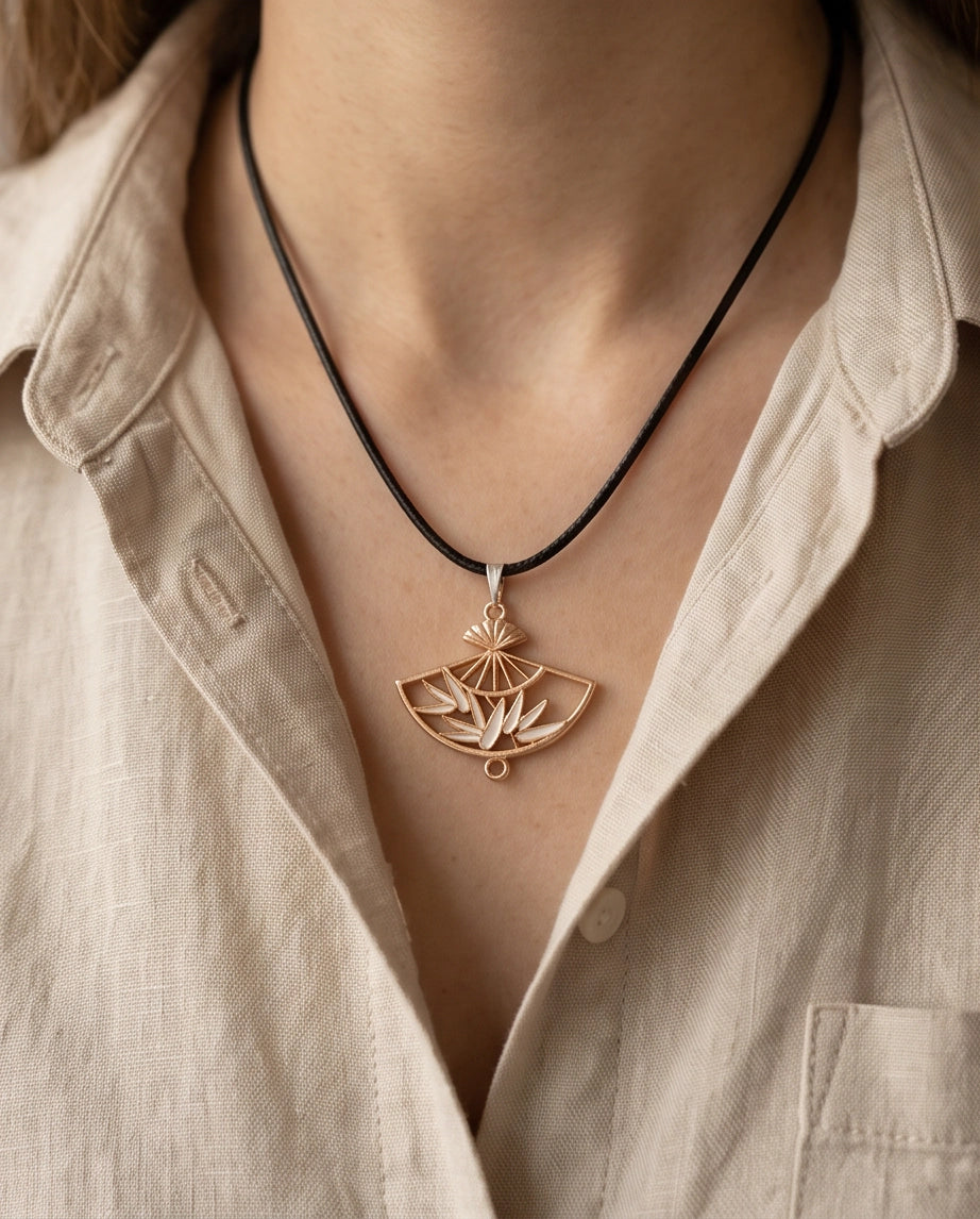 White Leaf Bamboo Fan Pendant Necklace