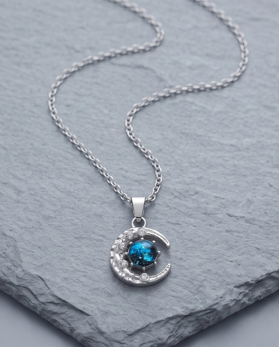 Silver Hammered Crescent Moon Galaxy Stone Pendant Necklace