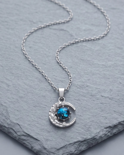 Silver Hammered Crescent Moon Galaxy Stone Pendant Necklace