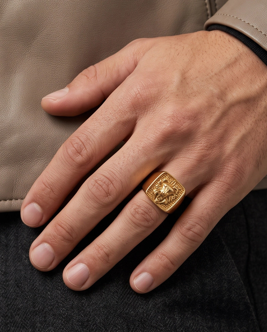 Sovereign Lion Stippled Cushion Signet Ring
