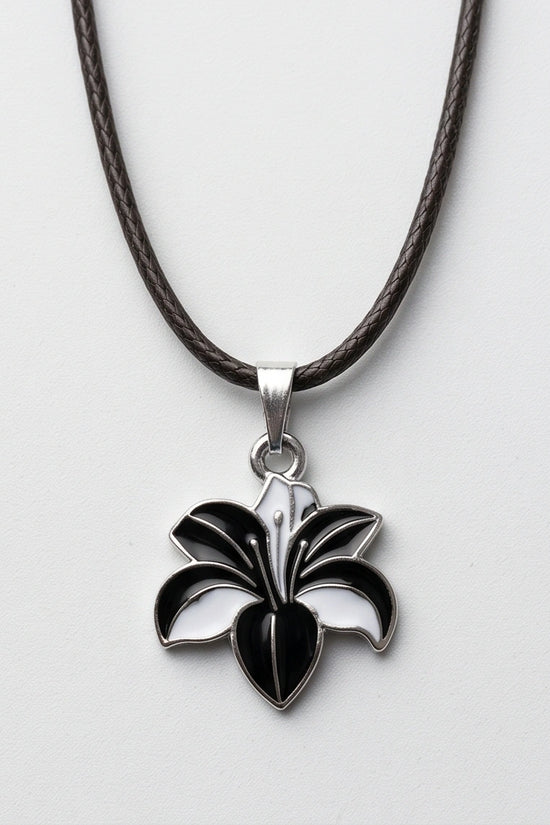 Bold Black and White Lily Enamel Pendant Necklace