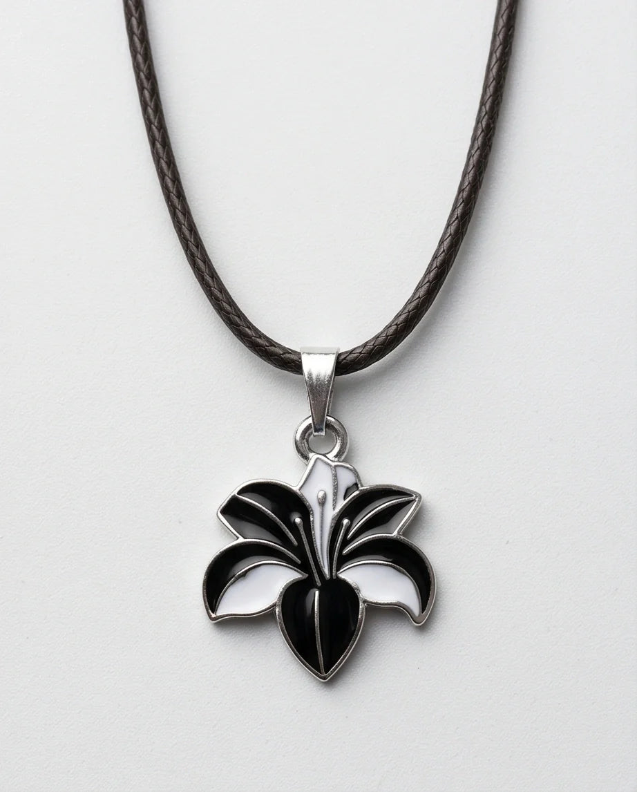Bold Black and White Lily Enamel Pendant Necklace
