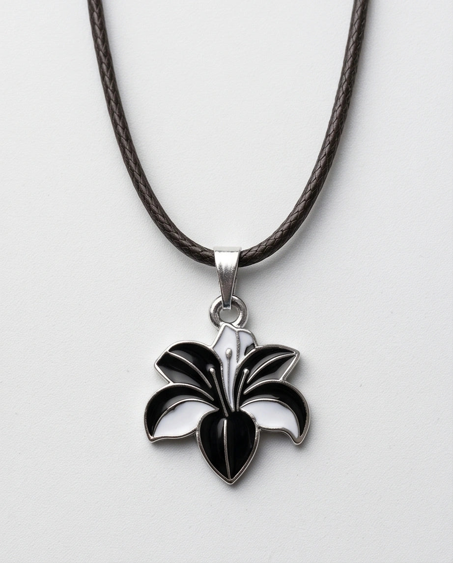 Bold Black and White Lily Enamel Pendant Necklace