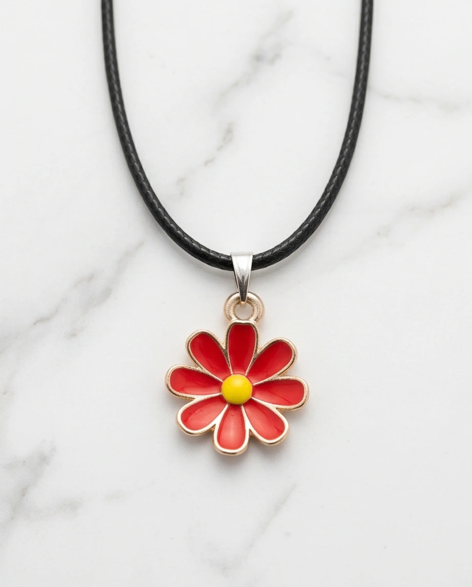 Gold and Red Daisy Pendant Necklace