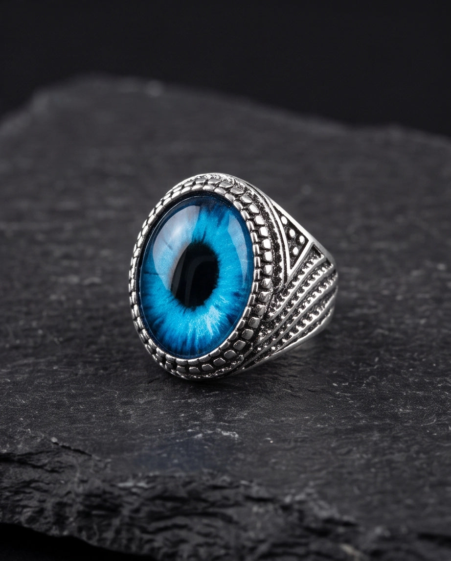 Azure Scale Beaded Slit-Pupil Silver Ring