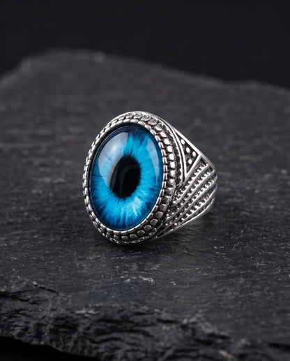 Azure Scale Beaded Slit-Pupil Silver Ring