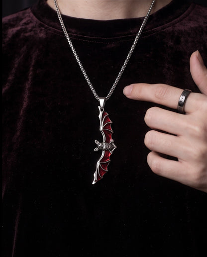 Silver Red Enamel Vampire Bat Pendant Necklace