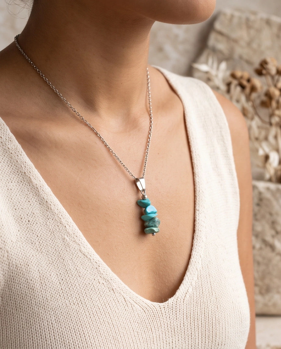 Silver Stacked Raw Turquoise Chip Stone Pendant Necklace