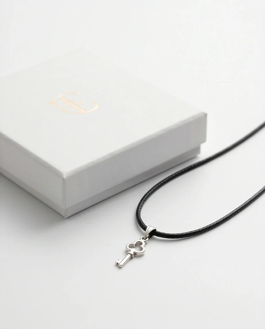 The Secret Keeper: Minimalist Silver Clover Key Pendant Necklace