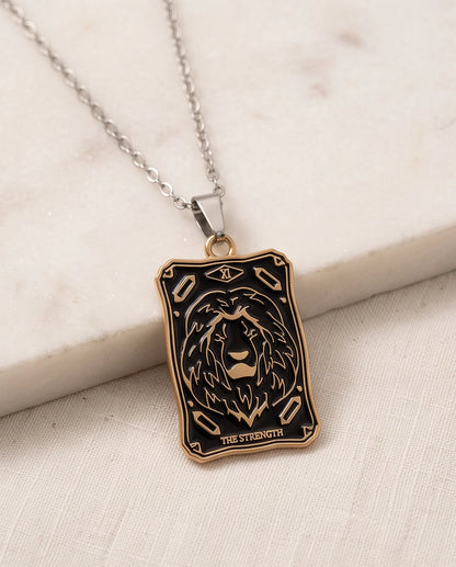 Gold "Strength" Lion Tarot Card Pendant Necklace