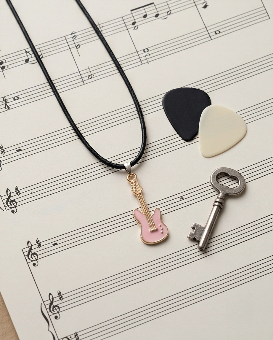 Gold and Pink Electric Guitar Necklace