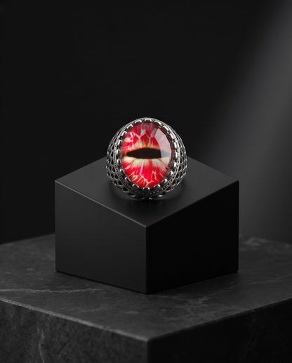 Crimson Lattice Slit-Pupil Silver Ring