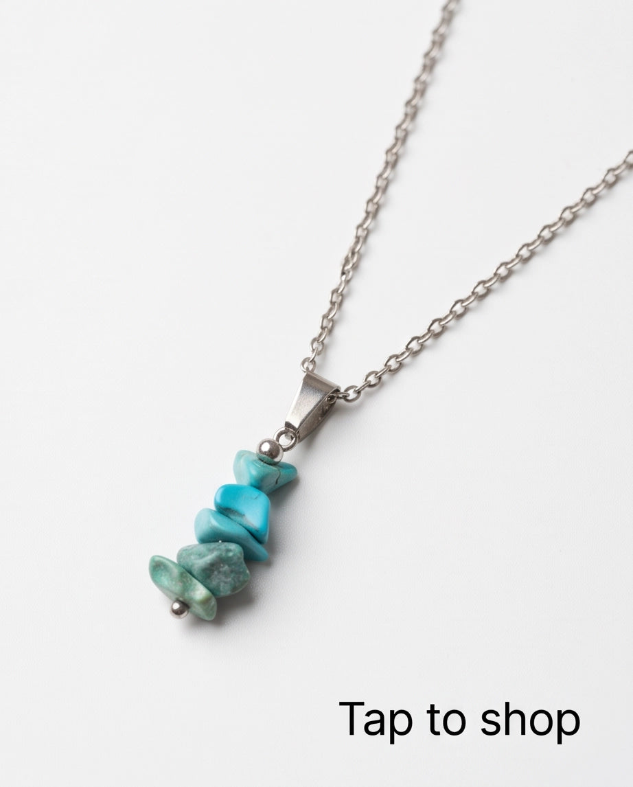 Silver Stacked Raw Turquoise Chip Stone Pendant Necklace