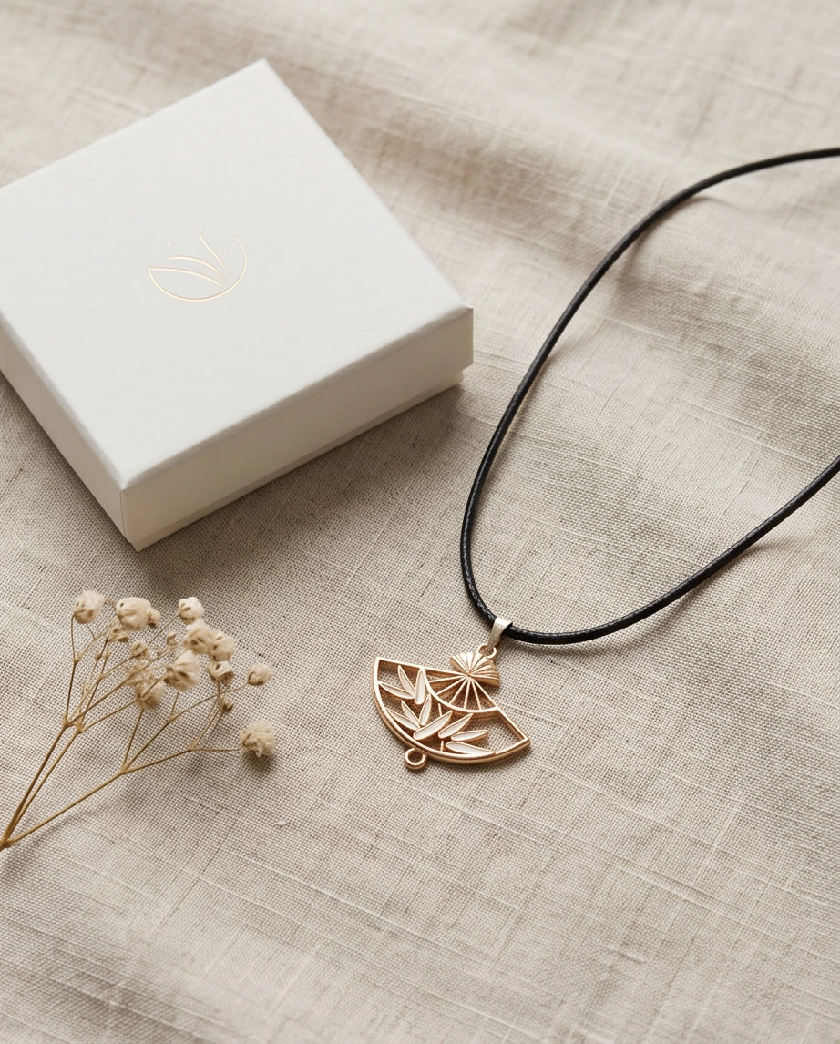 White Leaf Bamboo Fan Pendant Necklace