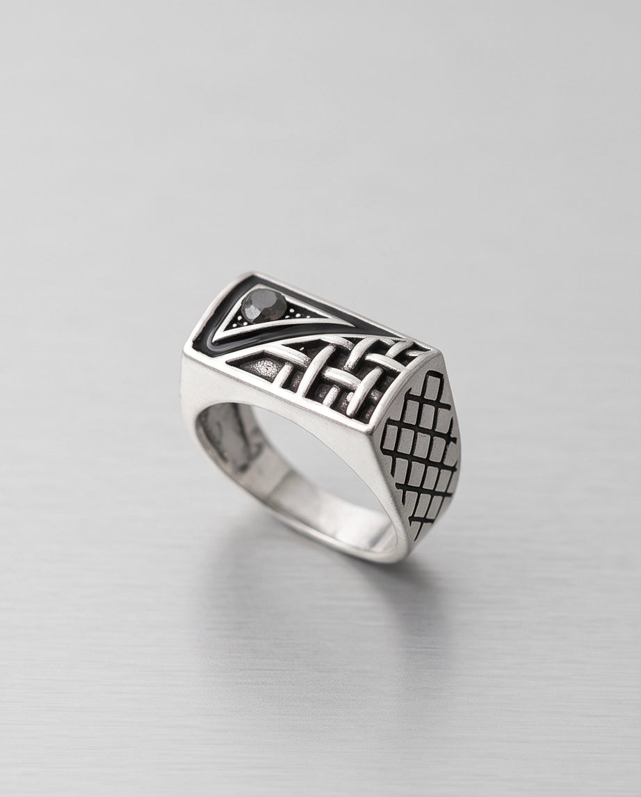 Black Gemstone Geometric Basket-Weave Signet Silver Ring