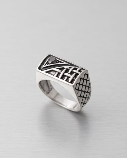 Black Gemstone Geometric Basket-Weave Signet Silver Ring