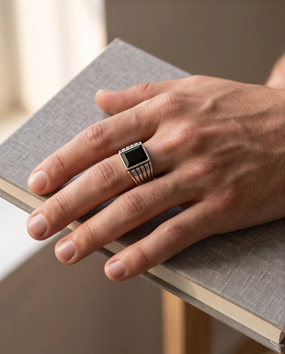 Pyramid Cut Onyx-Style Fluted Shoulder Silver Ring