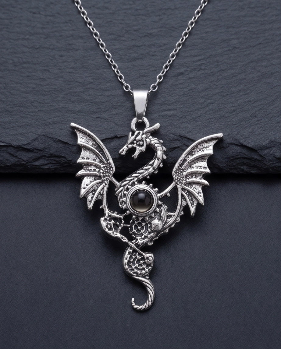 Silver Black Gemstone Dragon Pendant Necklace