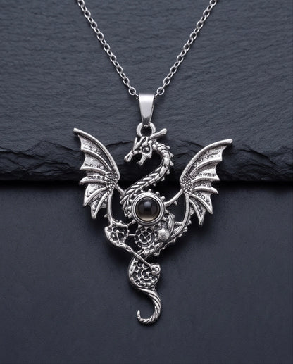 Silver Black Gemstone Dragon Pendant Necklace