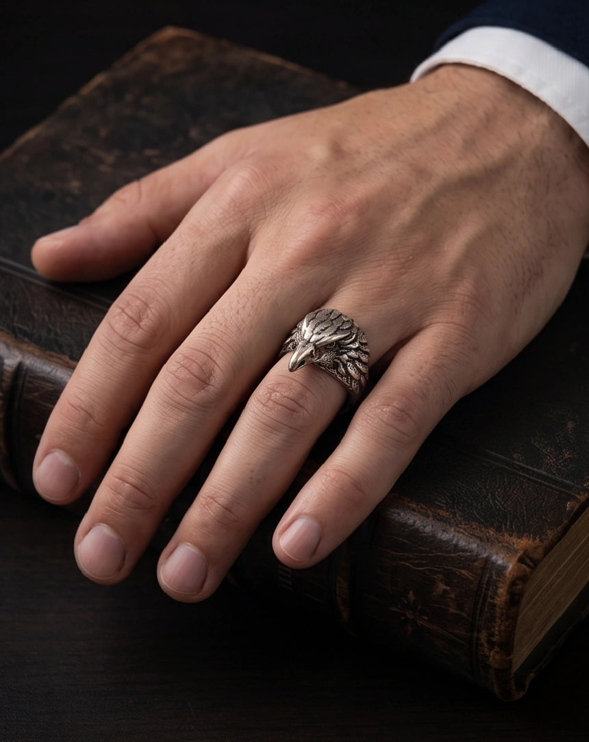 Vintage Silver Oxidized Eagle Head Biker Statement Ring