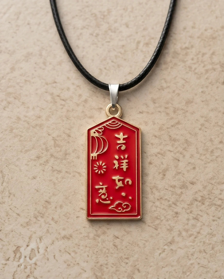 Traditional Red Rectangular "Ji Xiang Ru Yi" Blessings Pendant Necklace